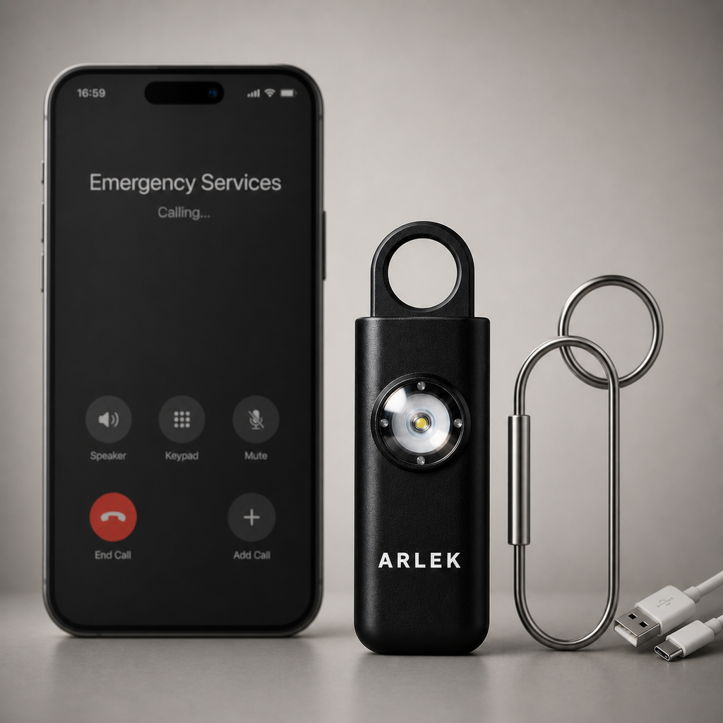 ARLEK personal safety alarm triggering emergency SOS call and live location sharing on phone