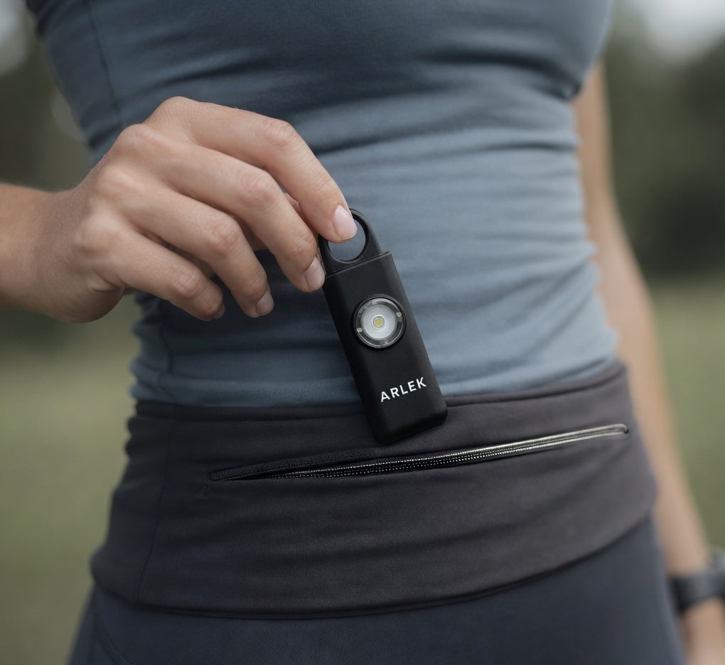ARLEK safety alarm worn in a running belt for quick access while running